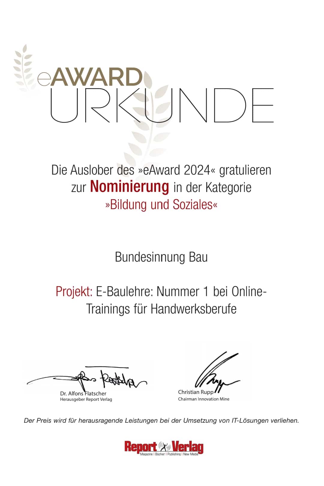 eAward 2024: Nominierung für E-Baulehre